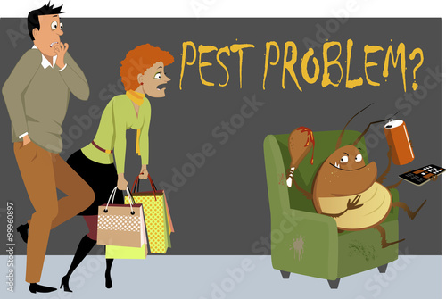 Shocked couple caught a giant cockroach sitting in a chair in their house, eating, drinking and watching TV, as a metaphor for a pest problem, EPS 8 vector illustration