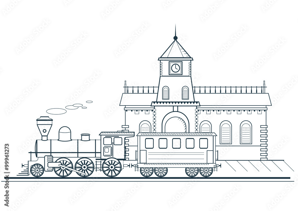 The old train departs from the train station. detailed linear vector illustration, web and motion design.