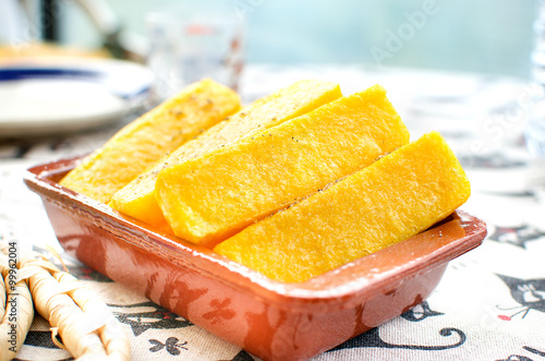 cornmeal slices mush closeup, 