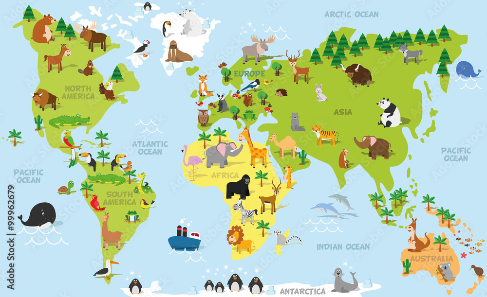 Funny cartoon world map with traditional animals of all the continents and oceans. Vector illustration for preschool education and kids design
