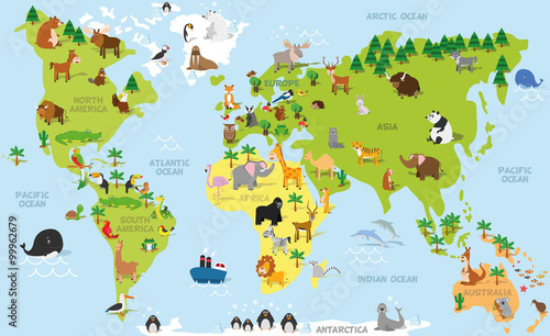 Mapa świata zabawnych kreskówek z tradycyjnymi zwierzętami ze wszystkich kontynentów i oceanów. Wektorowa ilustracja dla przedszkola edukaci i dzieciaka projekta