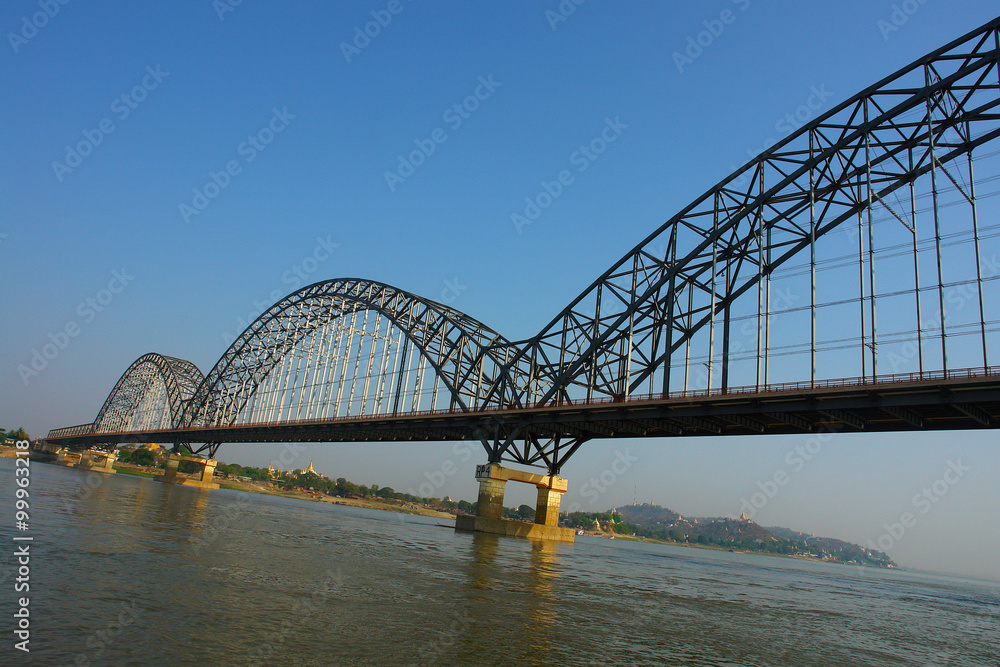 Naklejka premium View of the bridge over the Irrawaddy River in Myanmar