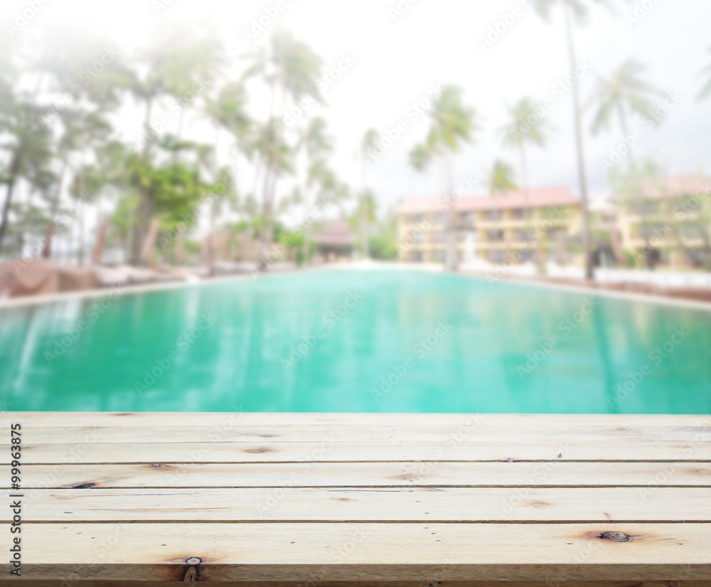 Wood Table Top of Background and Pool