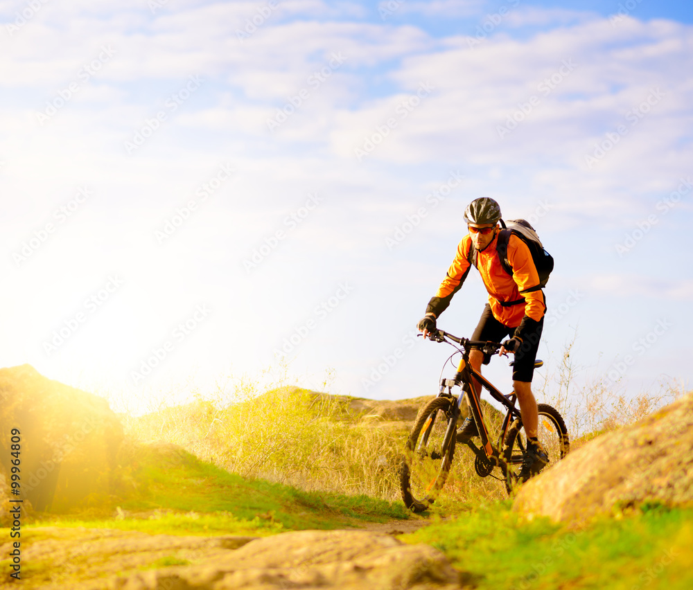 Fototapeta premium Cyclist Riding the Bike on Morning Mountain Trail
