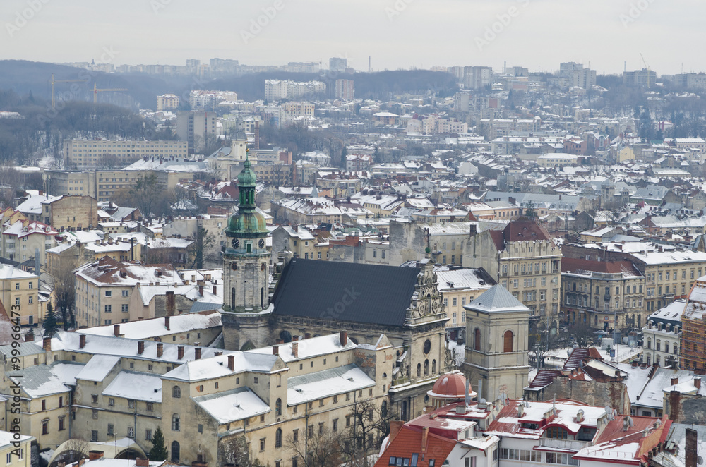 Panorama of Lviv city hall with winter