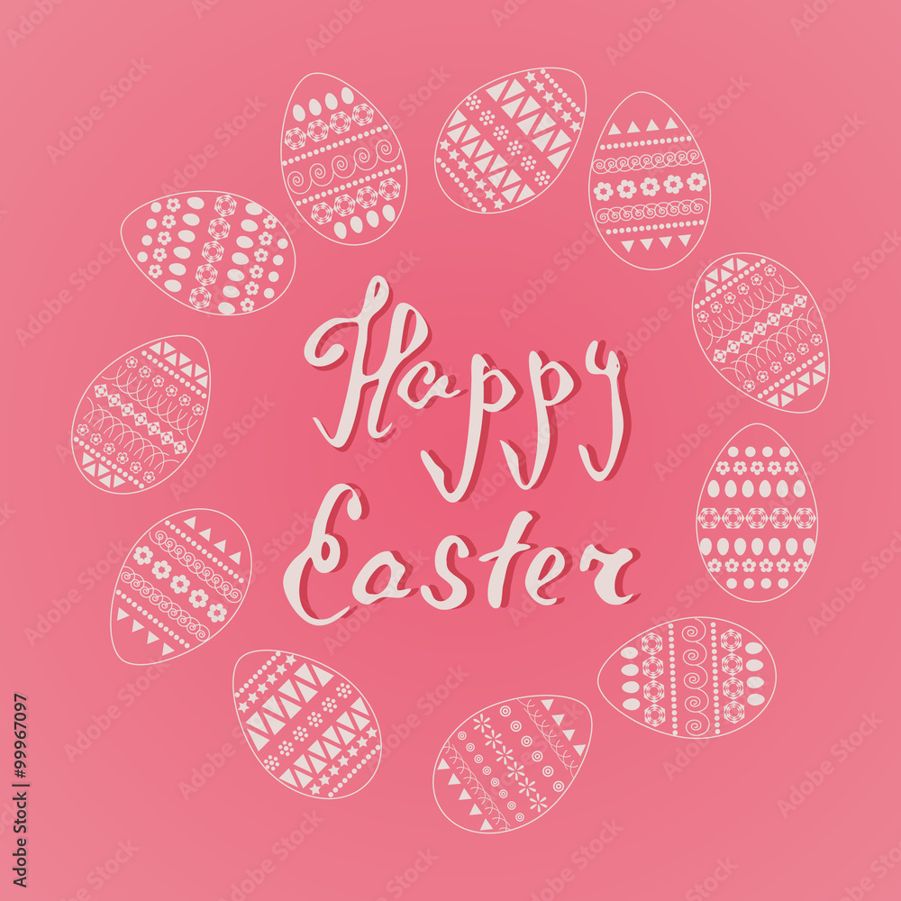 Vector frame of easter ornate eggs in circle shape on pink background. Fresh and spring design for greeting cards, textile, booklet, fabric, sticker, stencil. Dots, flowers, stripes, curves, triangles Vector frame of easter ornate eggs in circle shape on pink background. Fresh and spring design for greeting cards, textile, booklet, fabric, sticker, stencil. Dots, flowers, stripes, curves, triangles