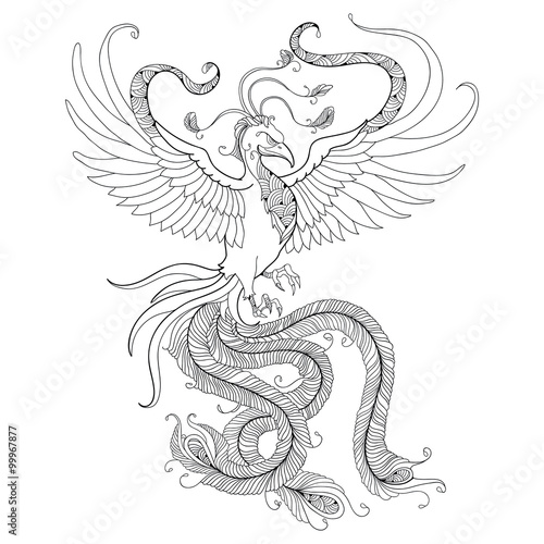 Mythological Phoenix or Phenix isolated on white background. Legendary bird that is cyclically reborn. Series of mythological creatures