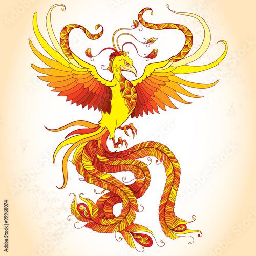 Mythological Phoenix or Phenix on the beige background. Legendary bird that is cyclically reborn. Series of mythological creatures