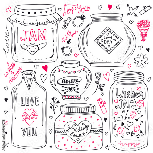 Cute mason jars set. Valentines hand drawn doodle collection. Vector wishes jar with lettering. Love illustration for greeting card or print