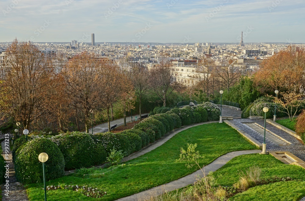 Panoramic view of the Paris skyline from the Parc de Belleville in the 20th arrondissement