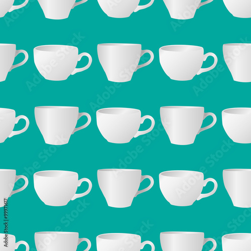 White cups seamless pattern 3. Vector illustration of white blank cups on a turquoise background
