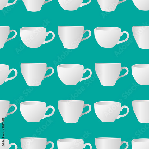 White cups seamless pattern 3. Vector illustration of white blank cups on a turquoise background