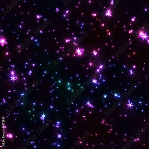 Purple and green glittering stars, festive seamless pattern 