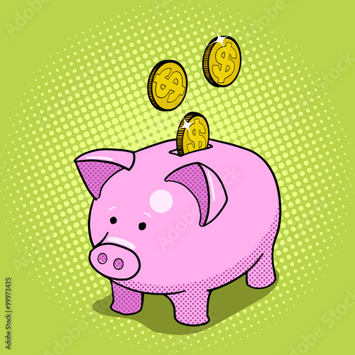 Piggy bank hand drawn pop art style vector