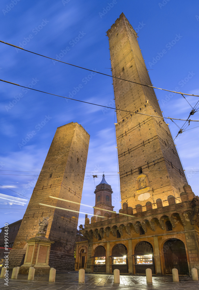 Two falling tower in Bologna in golden light's in Italy