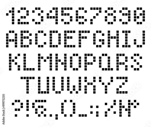 Pixel dots letters and numbers, alphabet, font