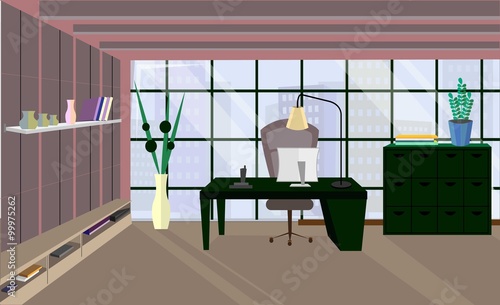 Office interior. Office room. Vector office interior in flat style. Armchair and table, computer and 

phone, view from the window on megapolis, skyscrapers. Business concept