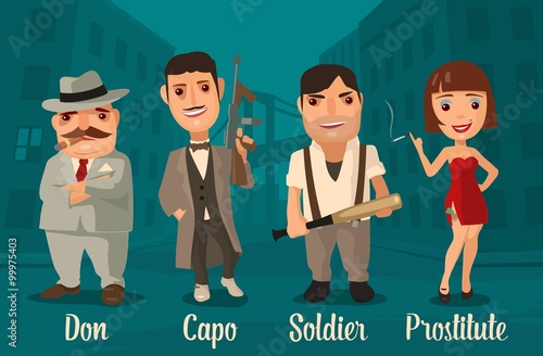 Set of characters Mafia. Don, capo, soldier, prostitute. Vector flat illustration on background of city streets