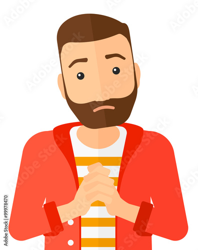 Regretful man with clasped hands.