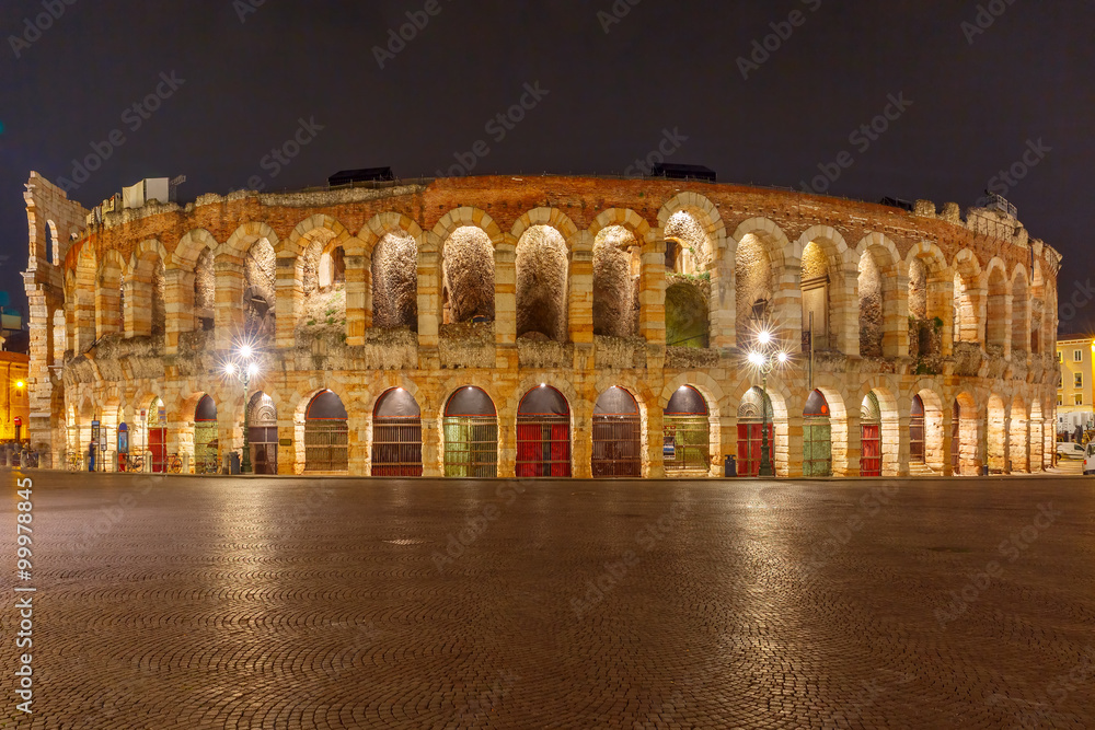 Ancient Roman Arena at night in Verona, northern Italy
