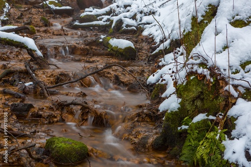 Close up of small stream in winter forest