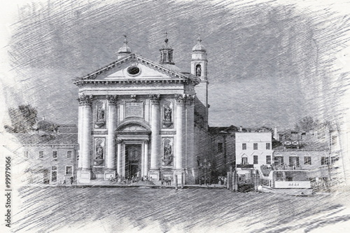 Church Santa Maria del Rosario in Italy, Venice. Sketch