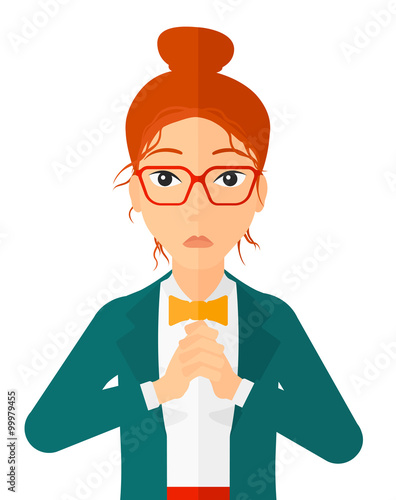 Regretful woman with clasped hands.