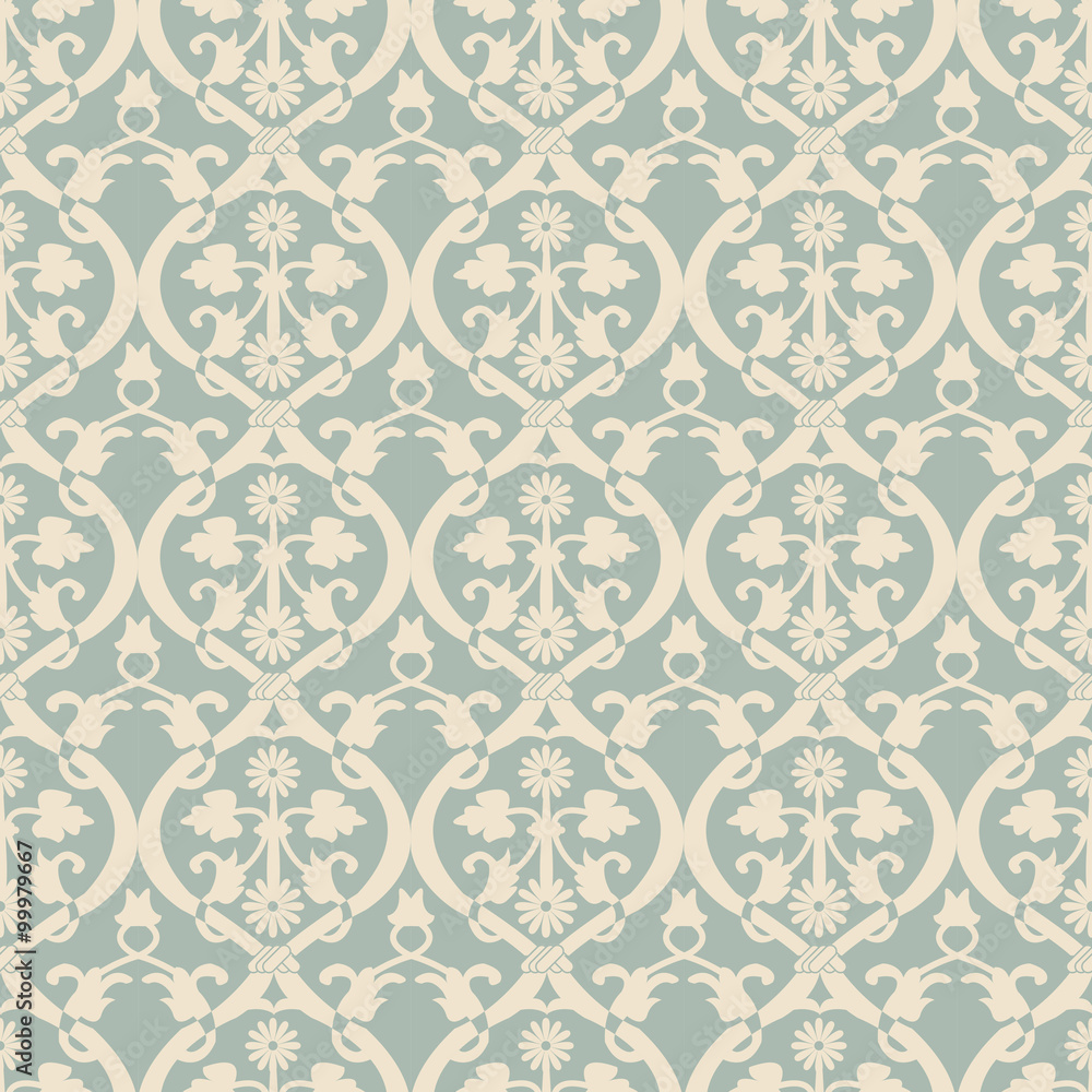 Elegant antique background image of round spiral flower leaf vine pattern.
