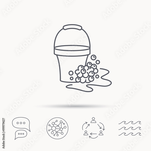Soapy cleaning icon. Bucket with foam and bubble