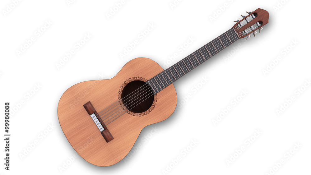 Classical acoustic guitar, music instrument isolated on white background, front view