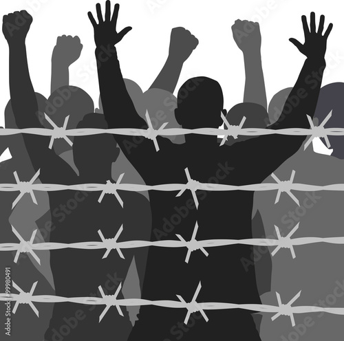 silhouette of crowd and barbed wire