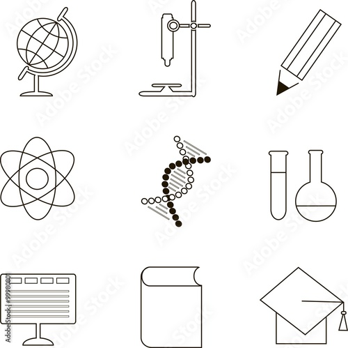 Education icons, black outline on white. Globe, microscope, pencil, atom, DNA, test tube, flask, computer, book, hat