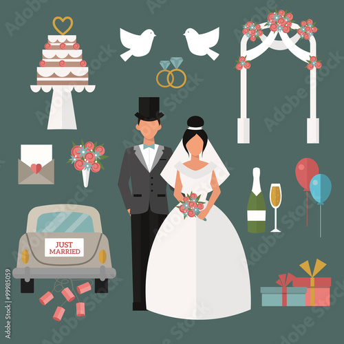 Wedding couple and icons cartoon style vector illustration