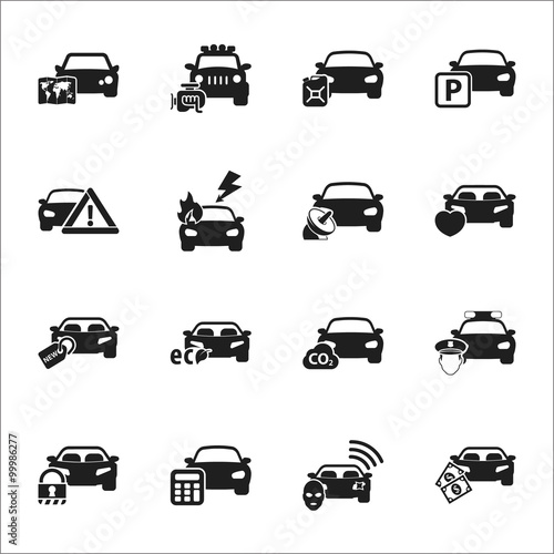 transportation, car 16 black simple icons set for web