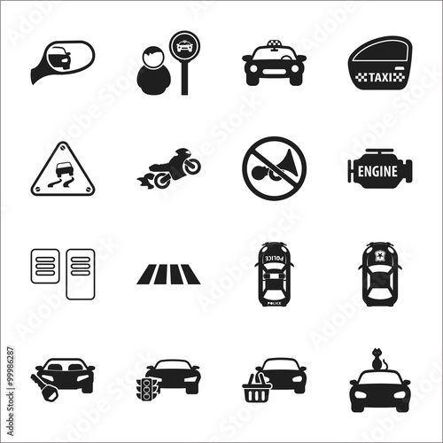 car, accident 16 black simple icons set for web