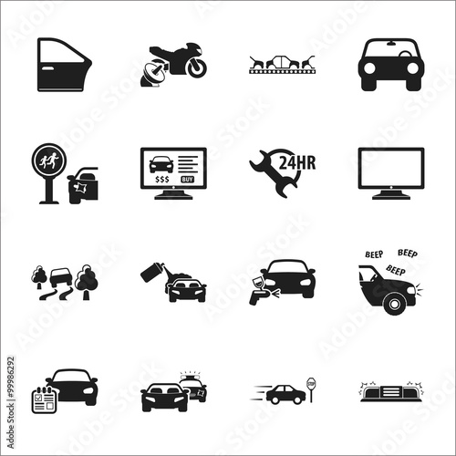 car, accident 16 black simple icons set for web