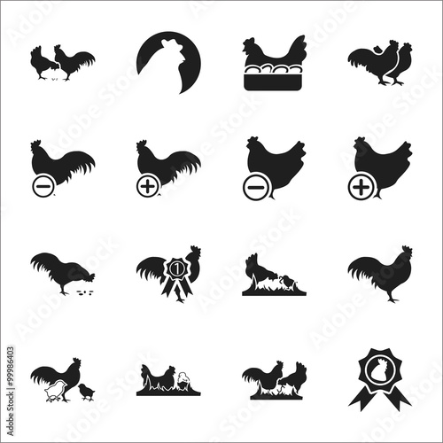 Rooster, chicken 16 black simple icons set for web