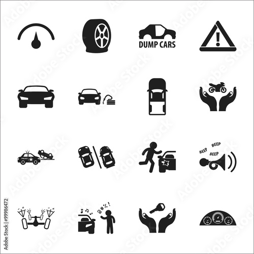 car, accident 16 black simple icons set for web