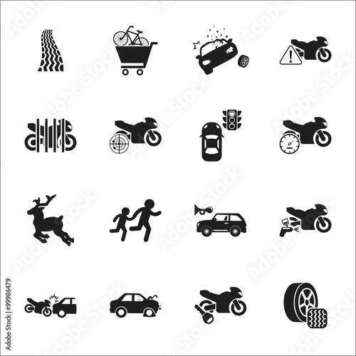 car, accident 16 black simple icons set for web