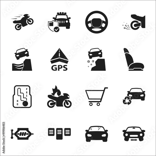 car, accident 16 black simple icons set for web