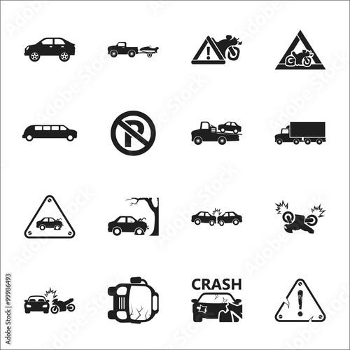 car, accident 16 black simple icons set for web