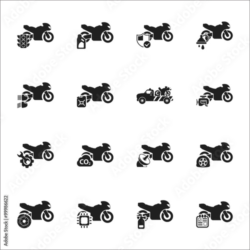 Moto, motorcycle 16 black simple icons set for web