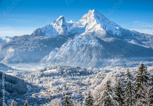 Town of Berchtesgaden with Watzmann mountain in winter at sunrise, Bavaria