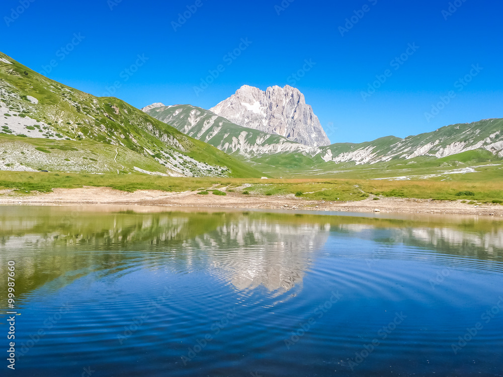 Beautiful Gran Sasso mountain lake, Campo Imperatore, Italy