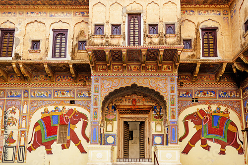 Frescoed Havelis in Mandawa, traditional ornately decorated residence, India. Rajasthan