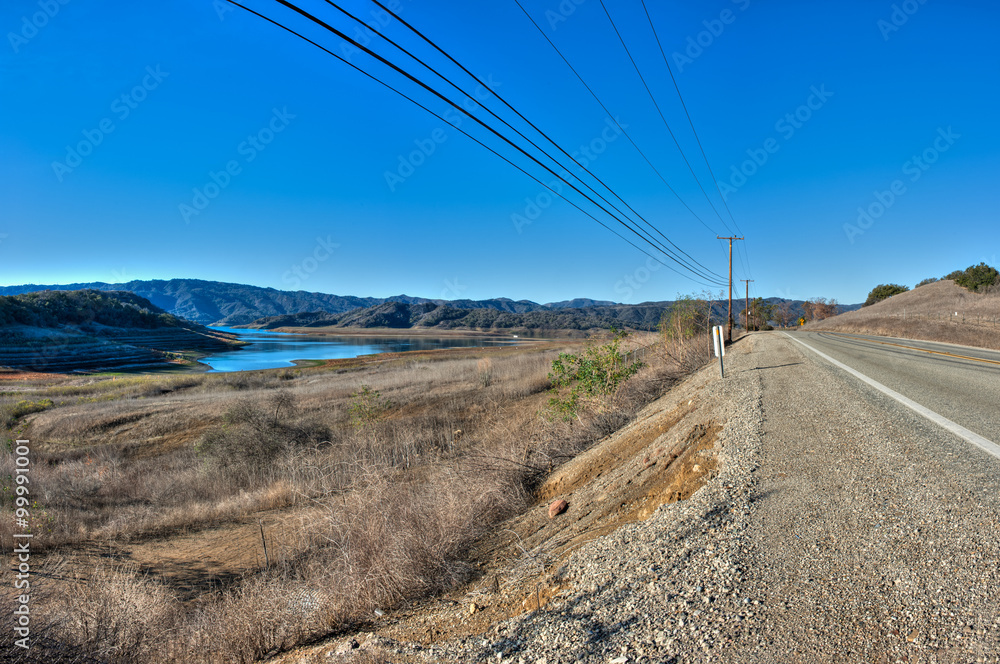 Highway 150 passes by Lake Casitas during drought.