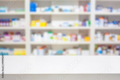 pharmacy counter with blur shelves of drug in the pharmacy drugs