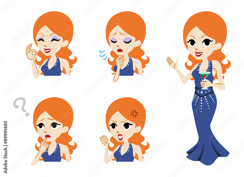 Cocktail dressed women full length and Facial expression set Cocktail dressed women full length and Facial expression set