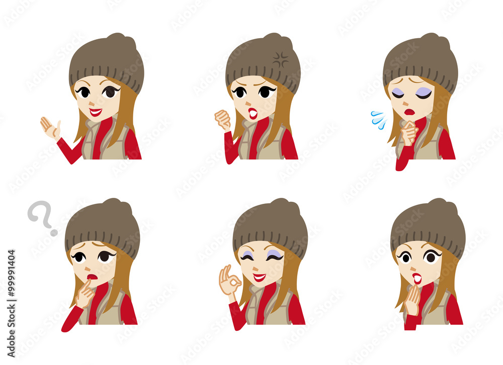Winter casual fashioned girl Facial expression set Winter casual fashioned girl Facial expression set