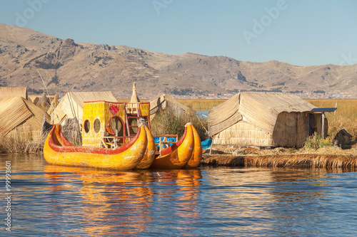 Reed boat on Island of Uros lake Titicaca Peru and Bolivia. photo